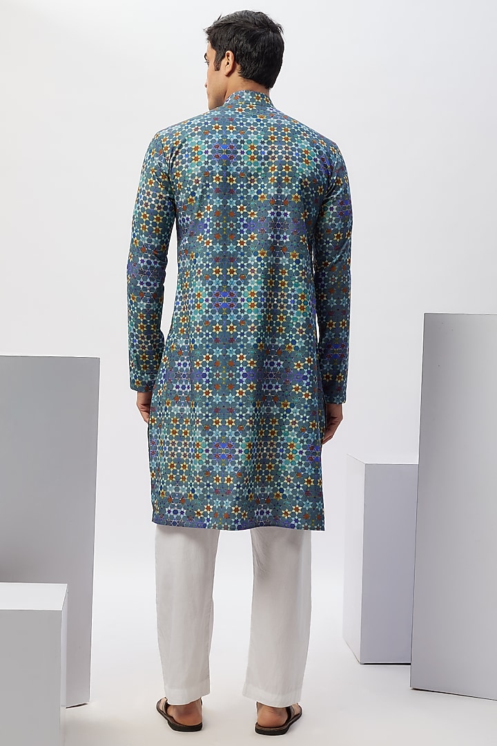 Blue Cotton Digital Printed Kurta Set by Blushing Couture by Shafali Men at Pernia's Pop Up Shop