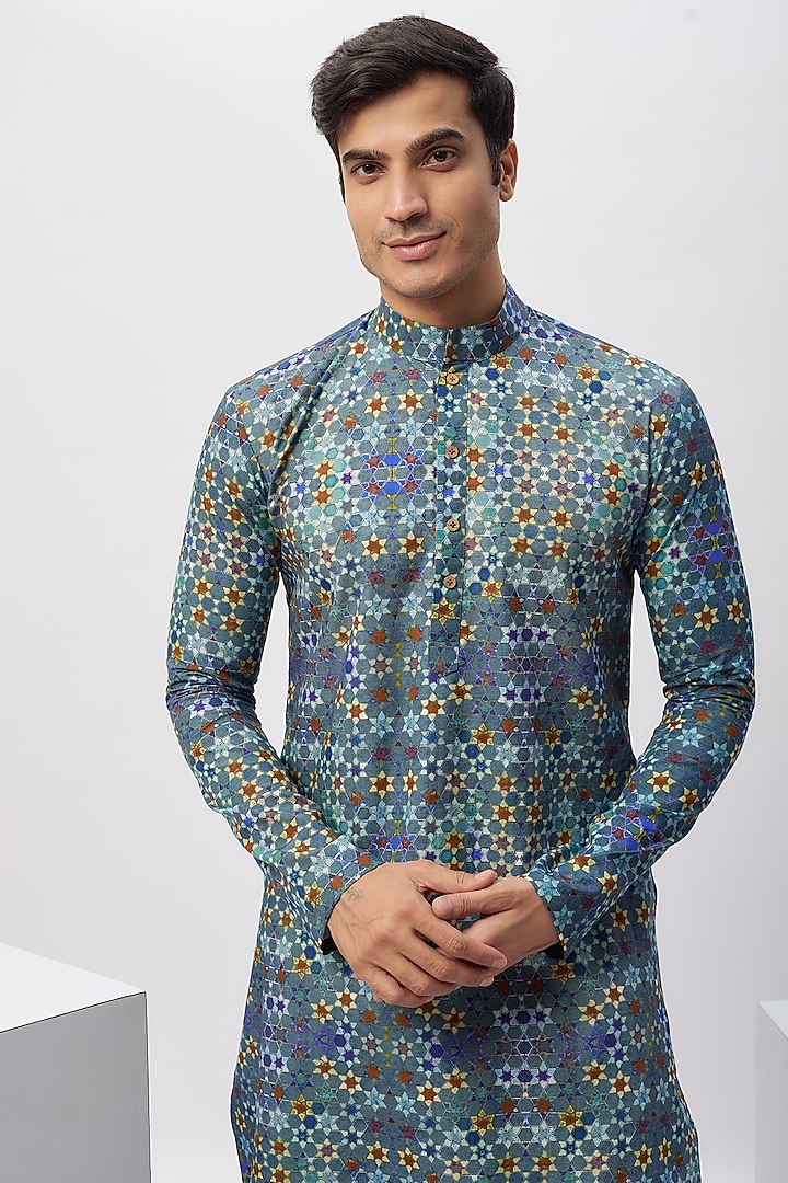 Blue Cotton Digital Printed Kurta Set by Blushing Couture by Shafali Men at Pernia's Pop Up Shop