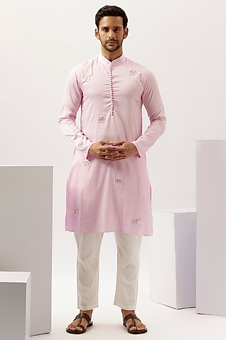 Pink Cotton Hand Embroidered Kurta Set by Blushing Couture by Shafali Men