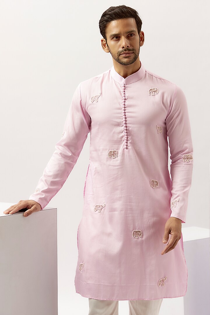 Pink Cotton Hand Embroidered Kurta Set by Blushing Couture by Shafali Men at Pernia's Pop Up Shop