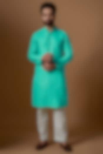 Turquoise Poly Silk Printed Kurta Set by Blushing Couture by Shafali Men