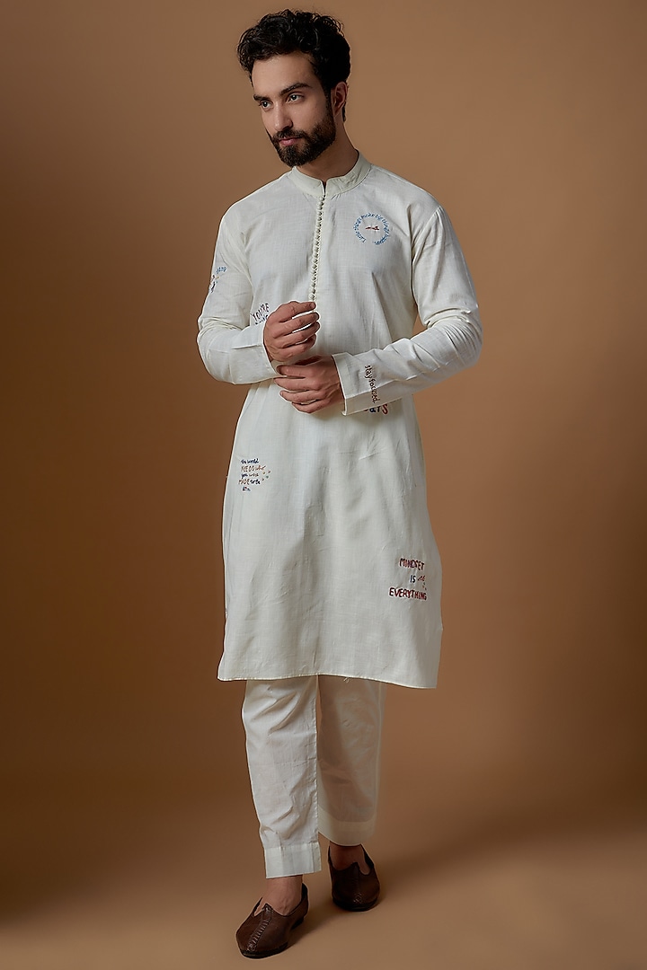 White Cotton Embroidered & Printed Kurta Set by Blushing Couture by Shafali Men