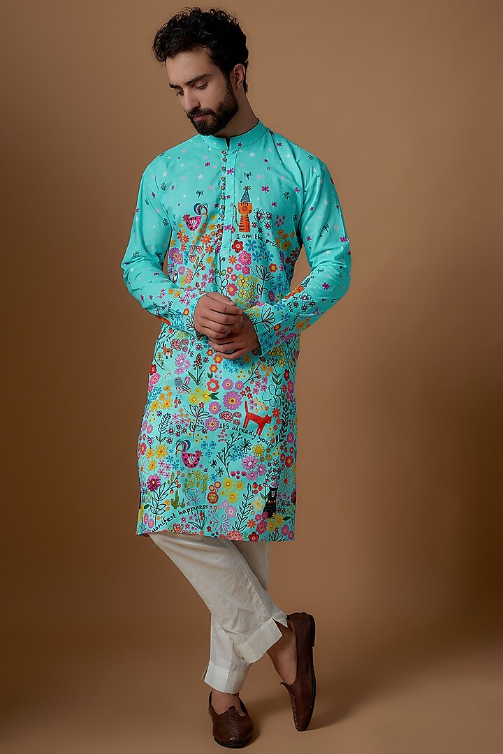 Turquoise Cotton Printed Kurta Set by Blushing Couture by Shafali Men