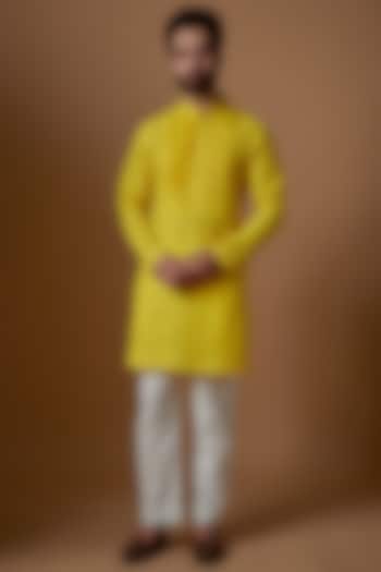 Yellow Cotton Pleated Kurta Set by Blushing Couture by Shafali Men