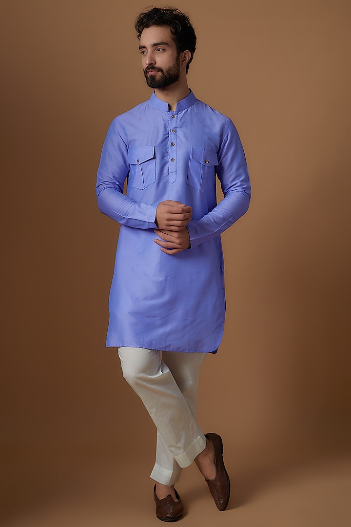 Blue Cotton Kurta Set by Blushing Couture by Shafali Men
