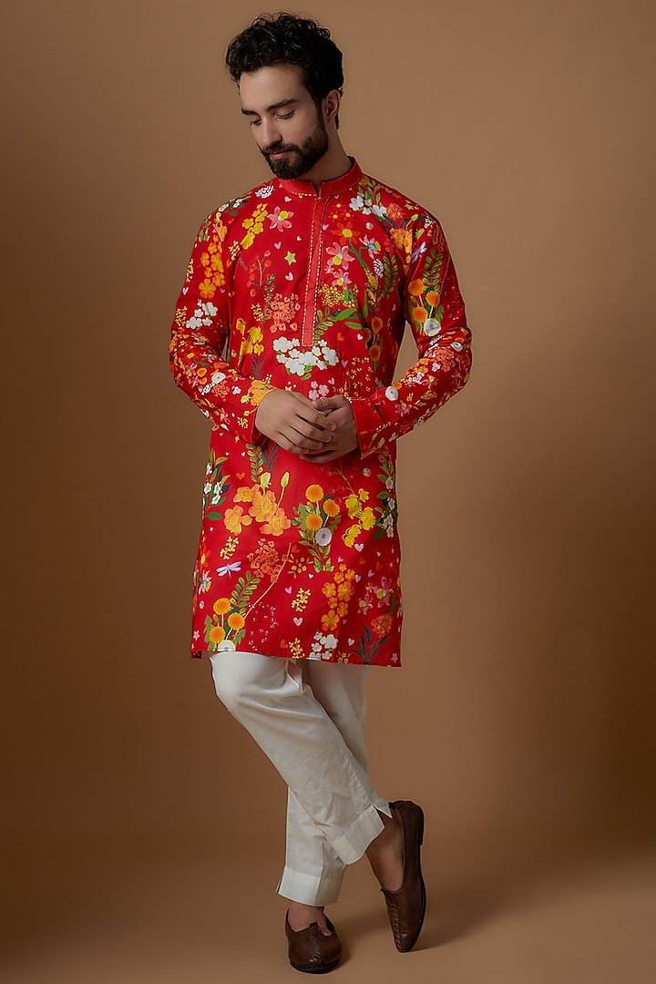 Red Cotton Printed Kurta Set by Blushing Couture by Shafali Men