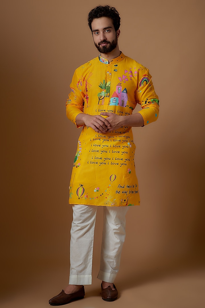 Yellow Cotton Embroidered & Printed Kurta Set by Blushing Couture by Shafali Men