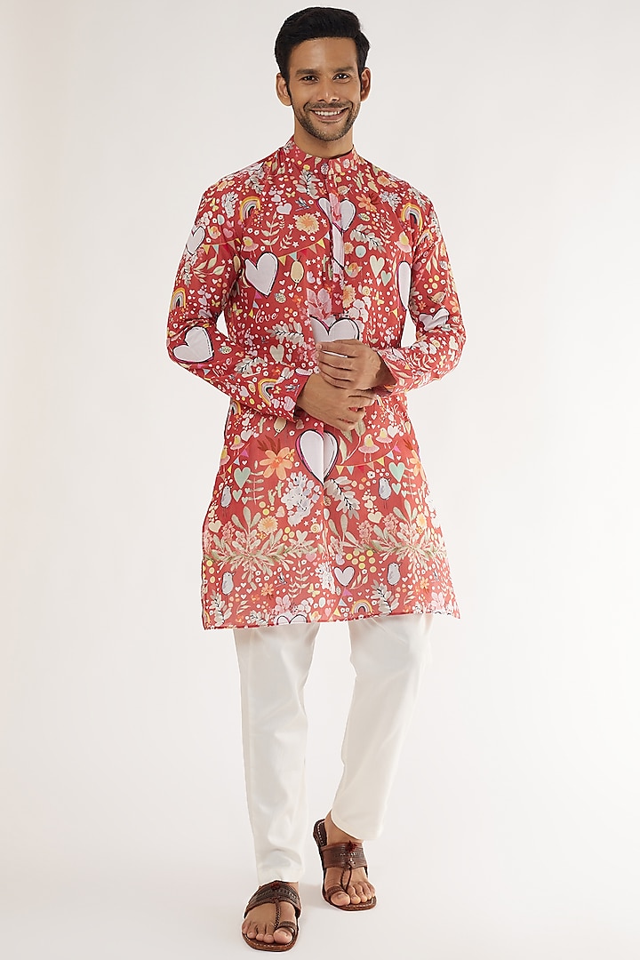 Red Cotton Heart Printed Kurta Set by Blushing Couture by Shafali Men