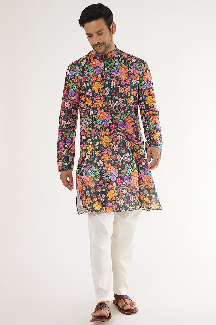 Green Cotton Floral Printed Kurta Set by Blushing Couture by Shafali Men