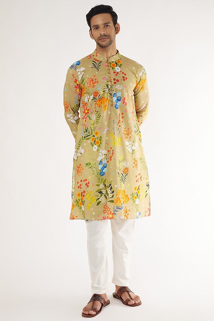 Beige Cotton Floral Printed Kurta Set by Blushing Couture by Shafali Men