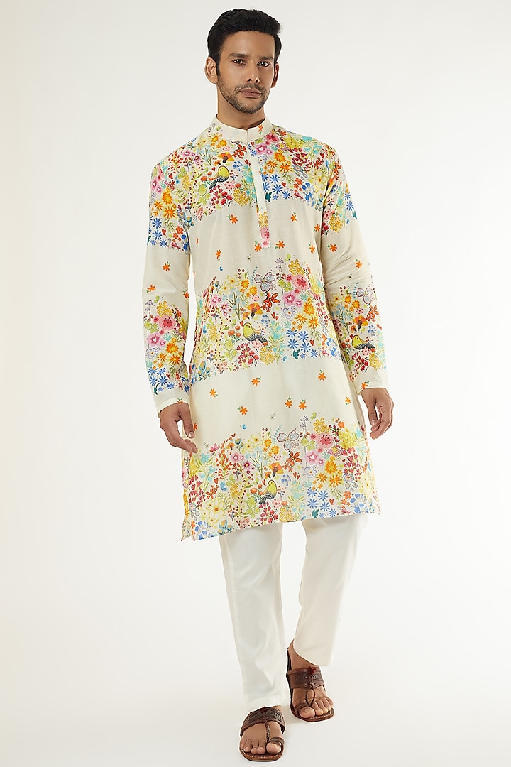 Cream Cotton Floral Printed Kurta Set by Blushing Couture by Shafali Men