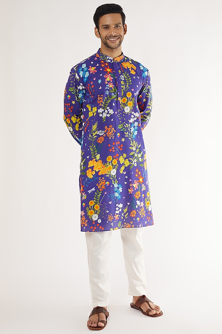 Purple Cotton Floral Printed Kurta Set by Blushing Couture by Shafali Men