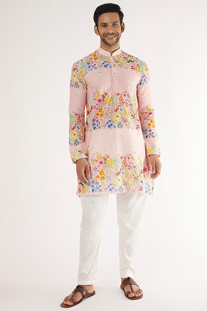 Pastel Pink Cotton Floral Printed Kurta Set by Blushing Couture by Shafali Men