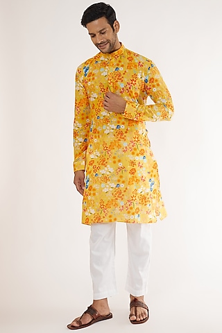 Mustard Cotton Floral Printed Kurta Set by Blushing Couture by Shafali Men
