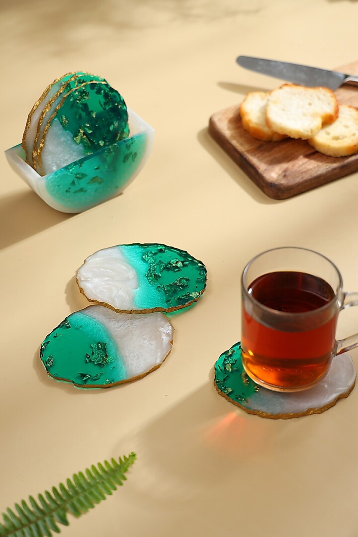 Green & White Resin Coaster (Set Of 7) by BLUE ELEPHANT