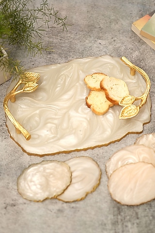 Cream Ivory Resin Tray & Coaster (Set Of 7) by BLUE ELEPHANT