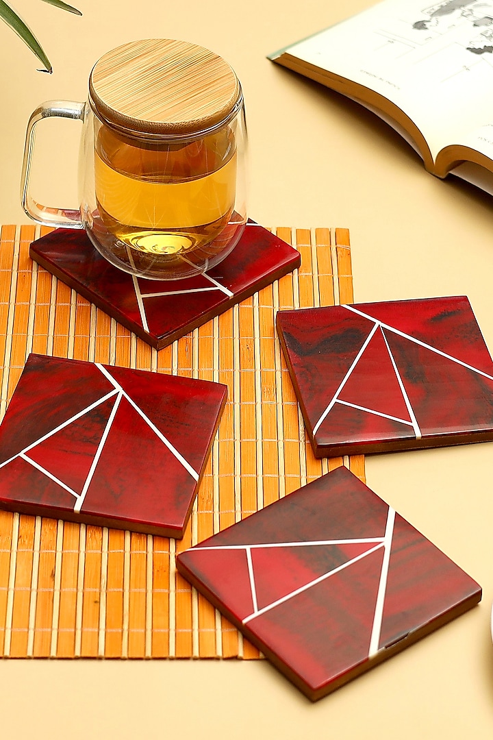 Red Resin & Wood Coaster (Set Of 4) by BLUE ELEPHANT