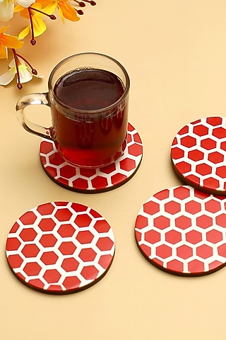 Red Resin & Wood Round Coasters (Set Of 4) by BLUE ELEPHANT