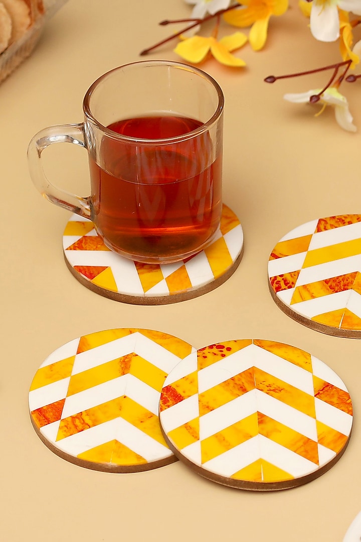 Yellow Resin & Wood Round Coasters (Set Of 4) by BLUE ELEPHANT