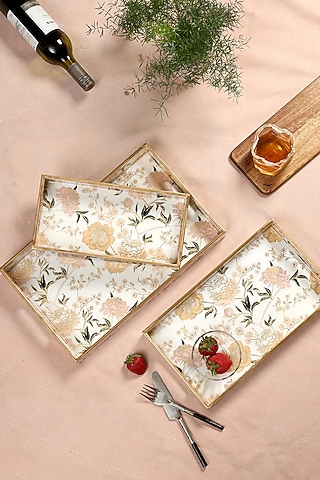 Multi-Colored Wood Floral Printed Trays (Set Of 3) by BLUE ELEPHANT