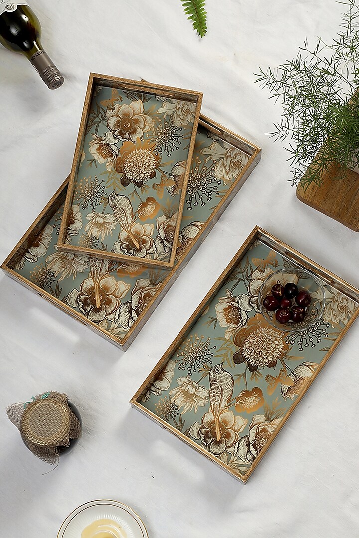 Grey Wood Tray (Set Of 3) by BLUE ELEPHANT