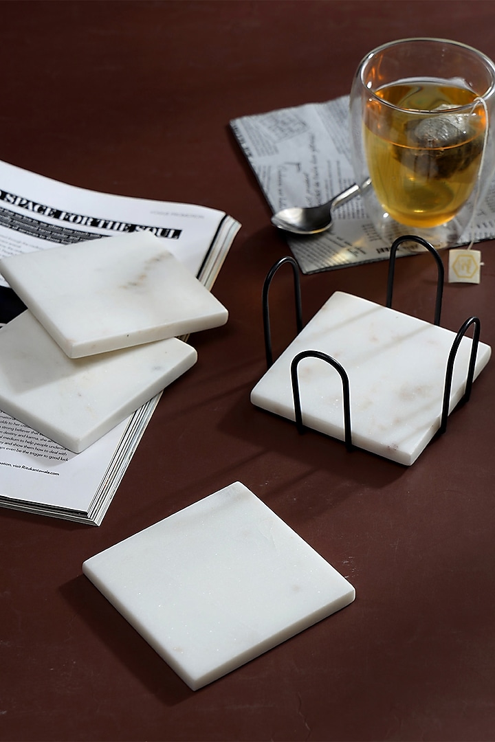 White Marble Square Coasters With Case (Set Of 5) by BLUE ELEPHANT