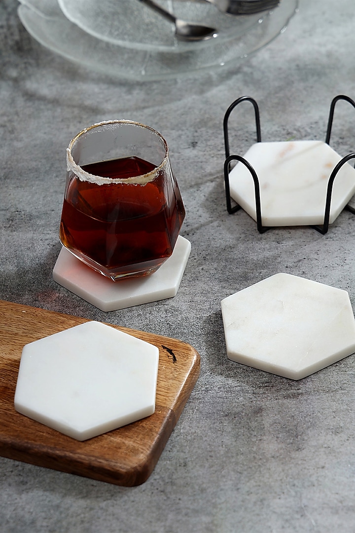 White Marble Hexagon Coasters With Case (Set Of 5) by BLUE ELEPHANT