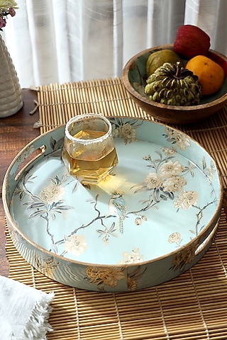 Powder Blue Wood Round Tray by BLUE ELEPHANT