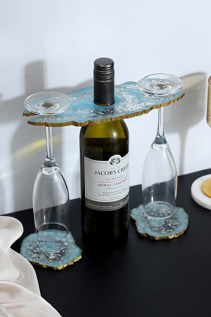 Powder Blue Resin Wine Holder & Coasters (Set Of 3) by BLUE ELEPHANT