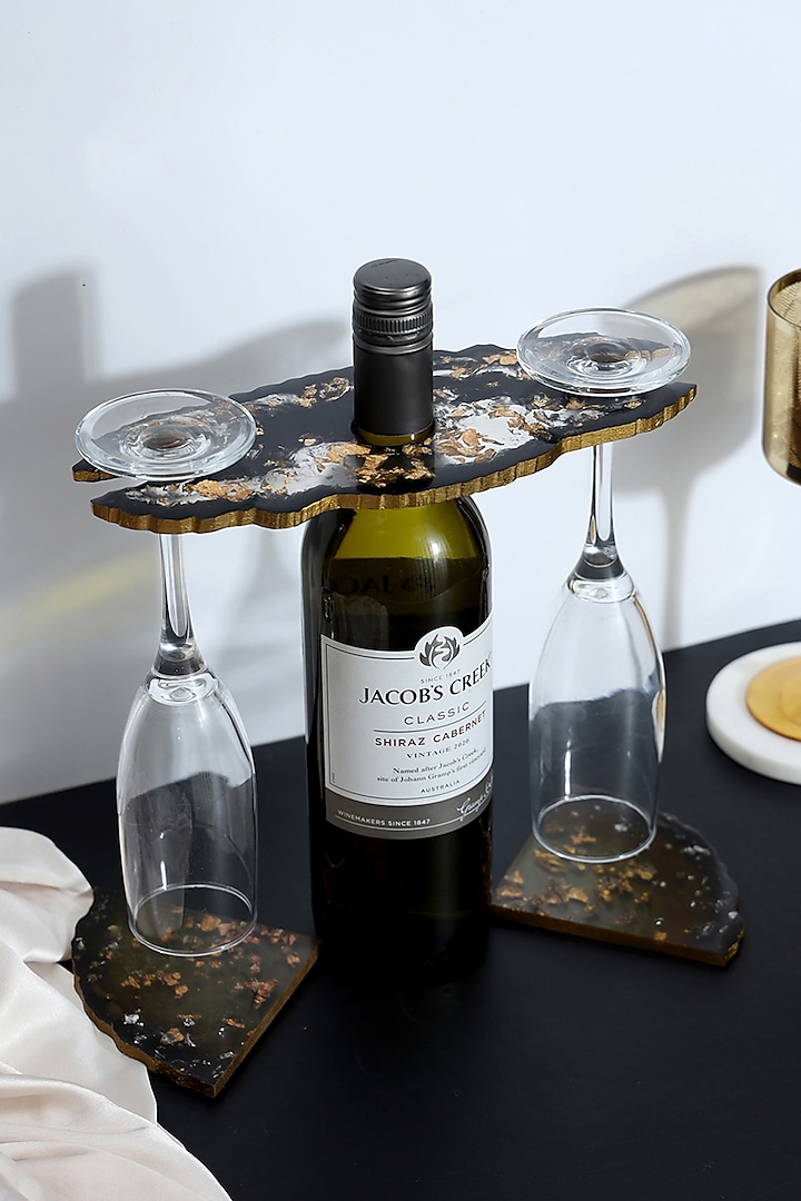 Black Resin Wine Holder & Coasters (Set Of 3) by BLUE ELEPHANT