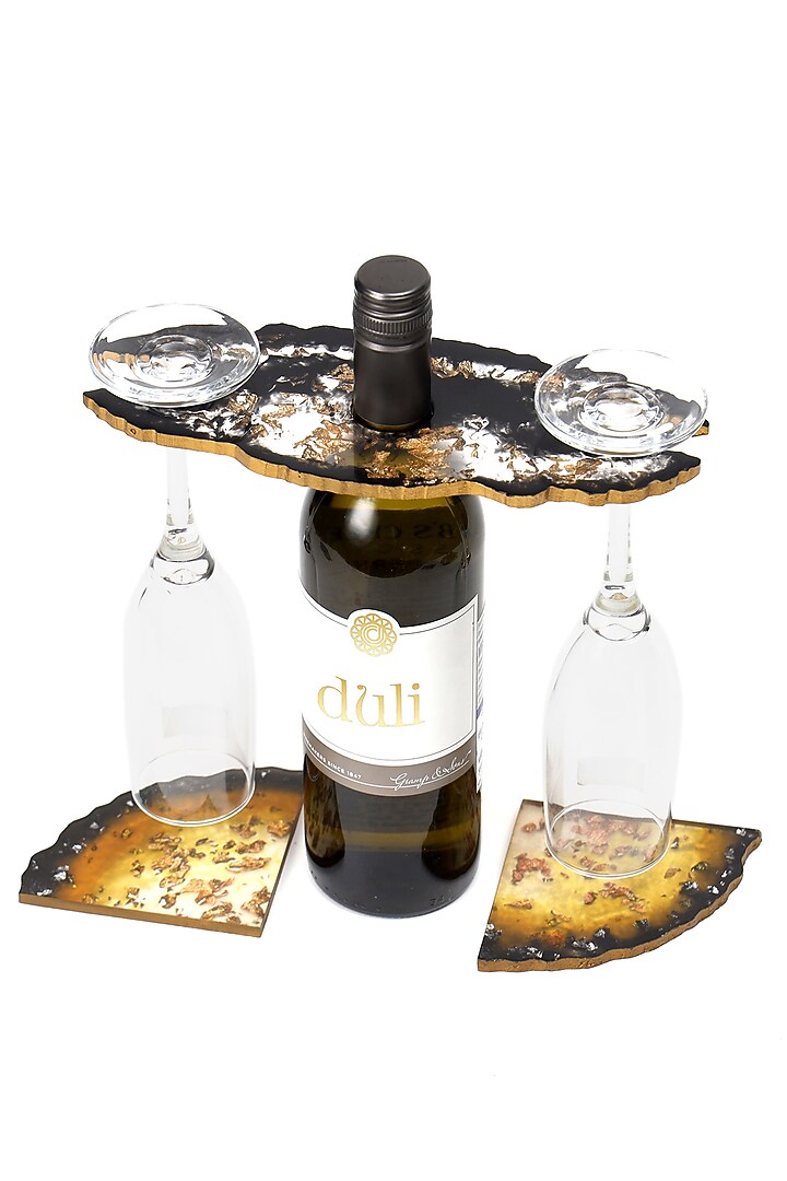 Black Resin Wine Holder & Coasters (Set Of 3) by BLUE ELEPHANT at Pernia's Pop Up Shop
