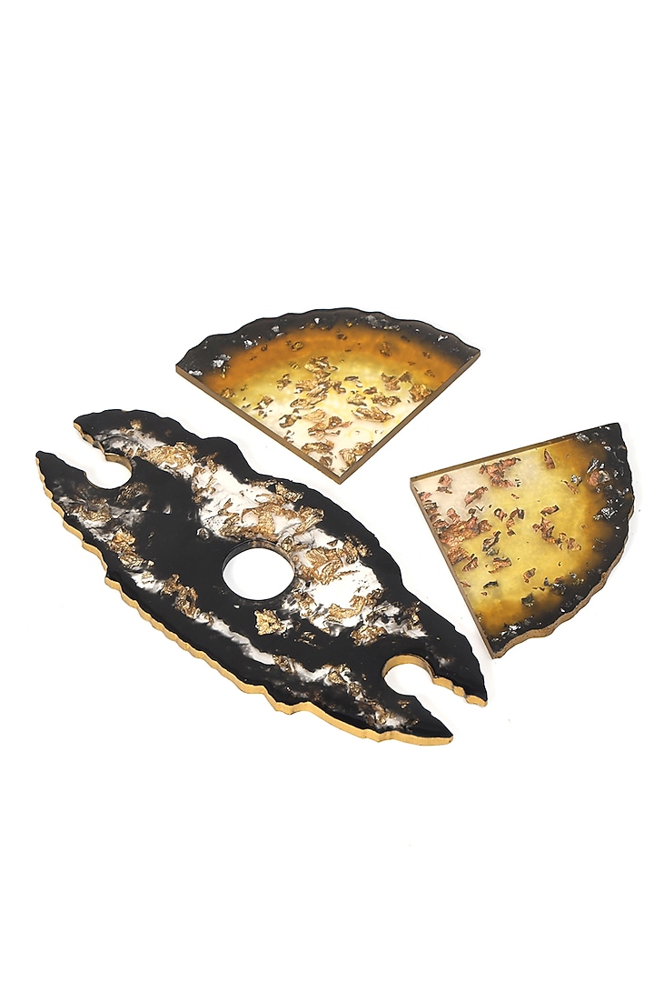 Black Resin Wine Holder & Coasters (Set Of 3) by BLUE ELEPHANT at Pernia's Pop Up Shop
