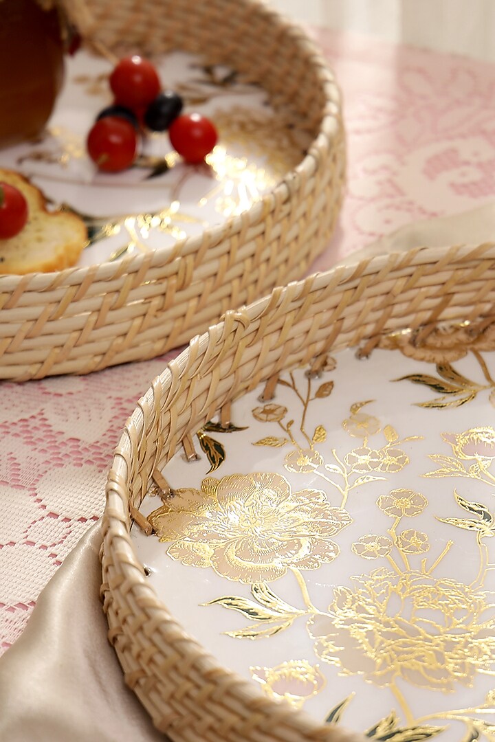 Multi-Colored Wood Printed Round Tray (Set of 2) by BLUE ELEPHANT at Pernia's Pop Up Shop