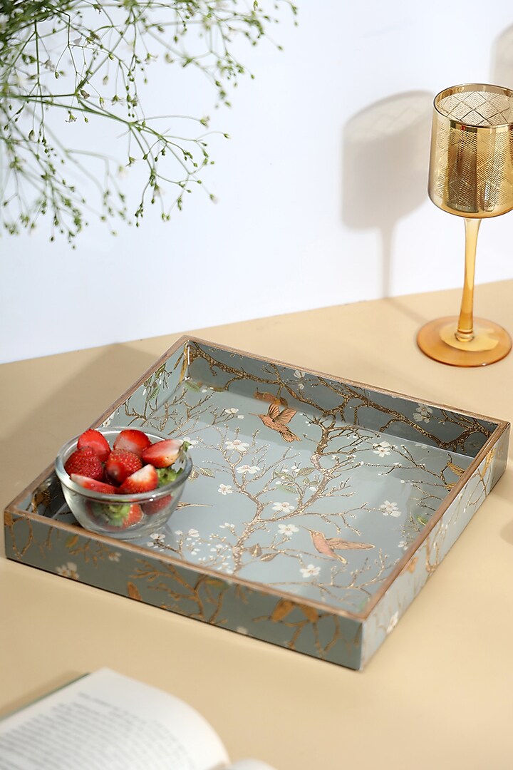 Silver Wood Printed Square Tray by BLUE ELEPHANT