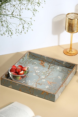 Silver Wood Printed Square Tray by BLUE ELEPHANT