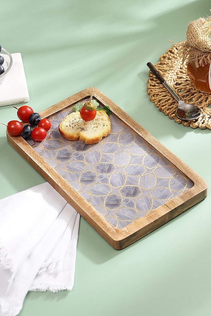 Mauve Mango Wood Printed Rectangle Platter by BLUE ELEPHANT