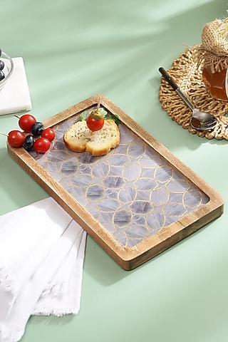 Mauve Mango Wood Printed Rectangle Platter by BLUE ELEPHANT
