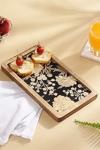 Black Mango Wood Printed Rectangle Platter by BLUE ELEPHANT