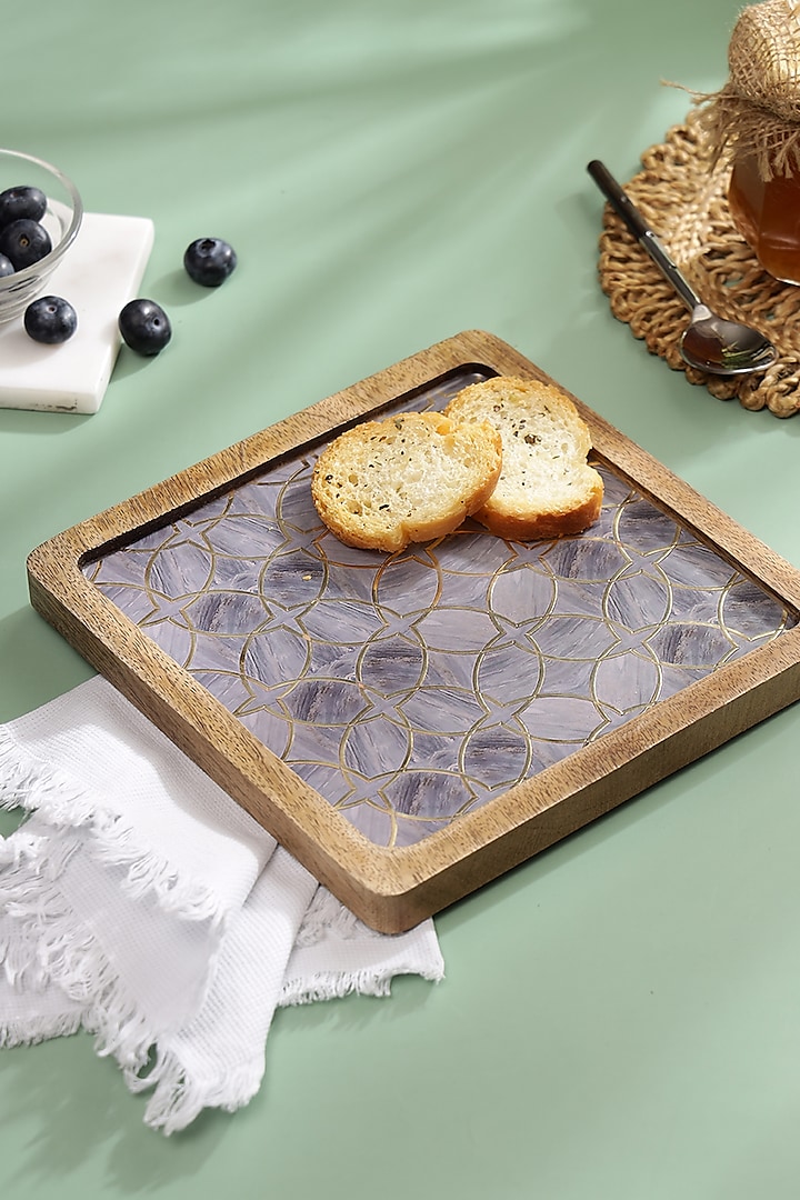 Mauve Mango Wood Printed Square Platter by BLUE ELEPHANT