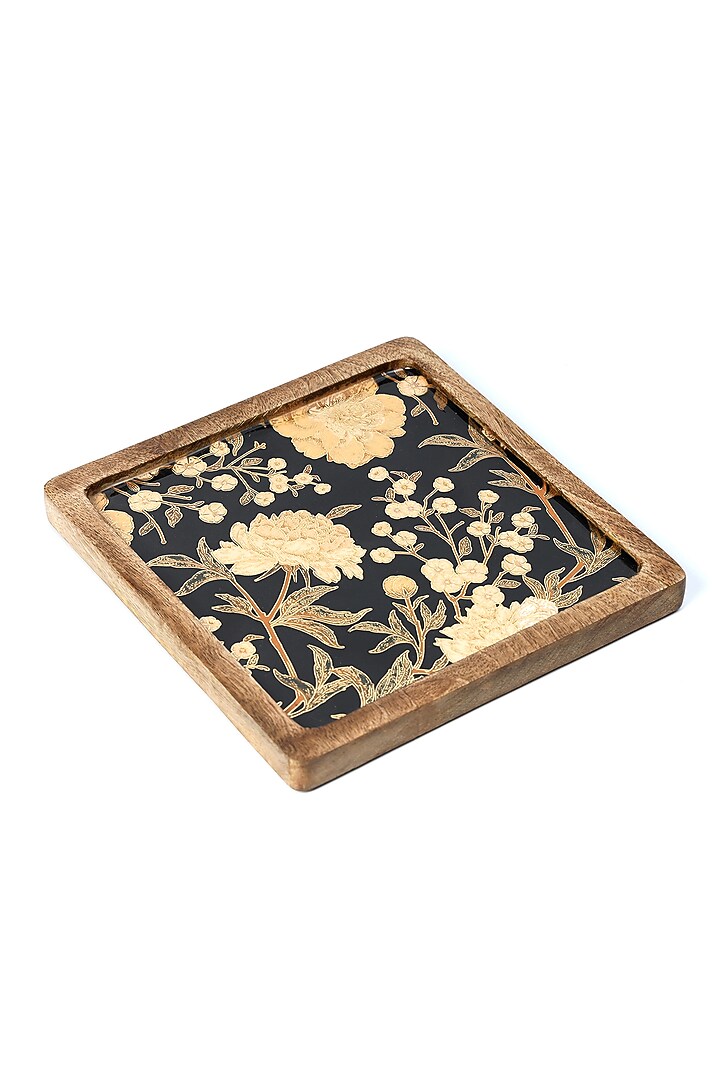 Black Mango Wood Printed Square Platter by BLUE ELEPHANT at Pernia's Pop Up Shop