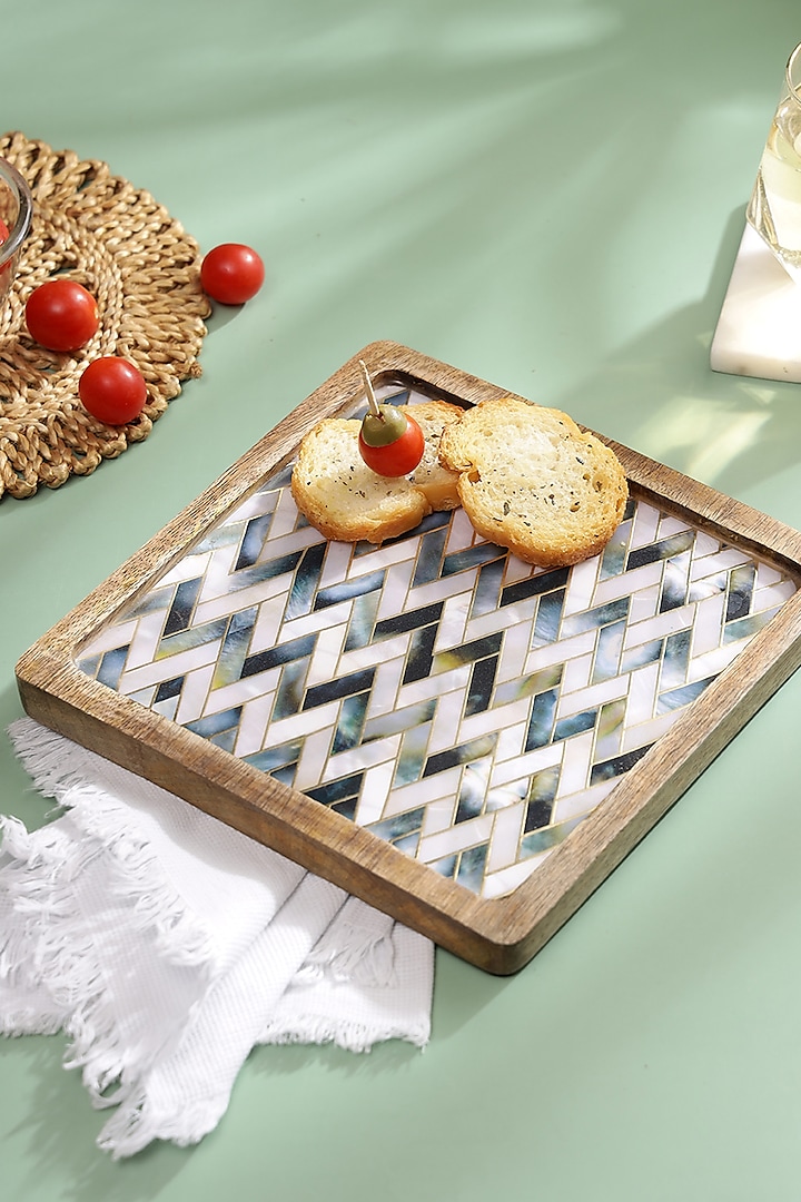 White Mango Wood Printed Square Platter by BLUE ELEPHANT