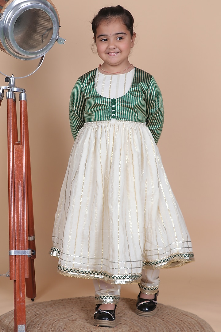 Off-White Lurex Cotton Anarkali Set For Girls by Little Blessings at Pernia's Pop Up Shop