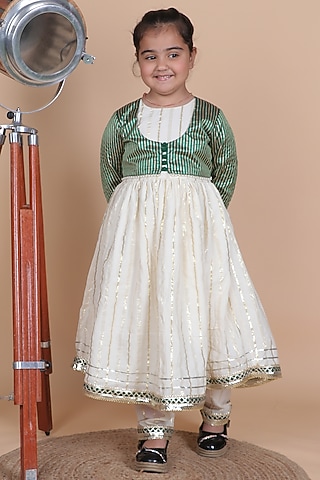 Off-White Lurex Cotton Anarkali Set For Girls by Little Blessings