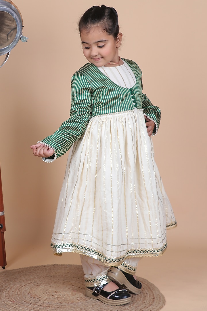 Off-White Lurex Cotton Anarkali Set For Girls by Little Blessings at Pernia's Pop Up Shop