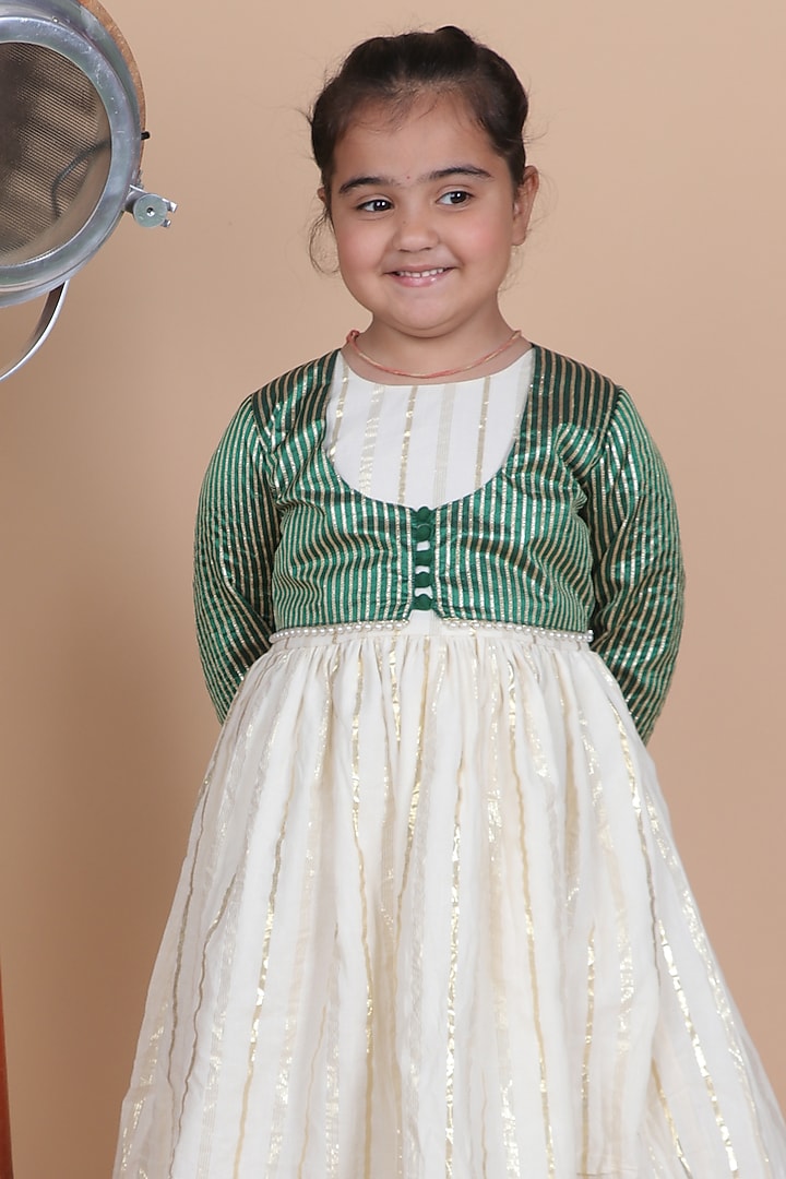 Off-White Lurex Cotton Anarkali Set For Girls by Little Blessings at Pernia's Pop Up Shop