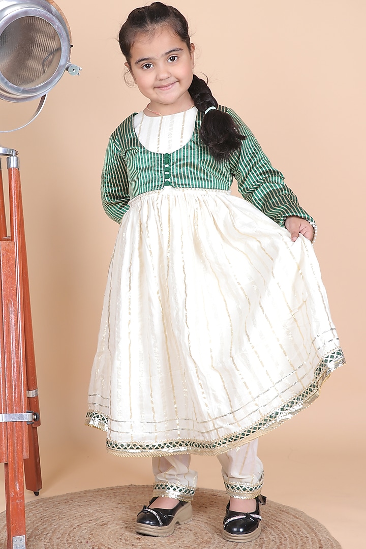 Off-White Lurex Cotton Anarkali Set For Girls by Little Blessings at Pernia's Pop Up Shop