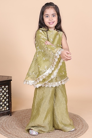 Mehendi Green Salsa Embroidered Kurta Set For Girls by Little Blessings