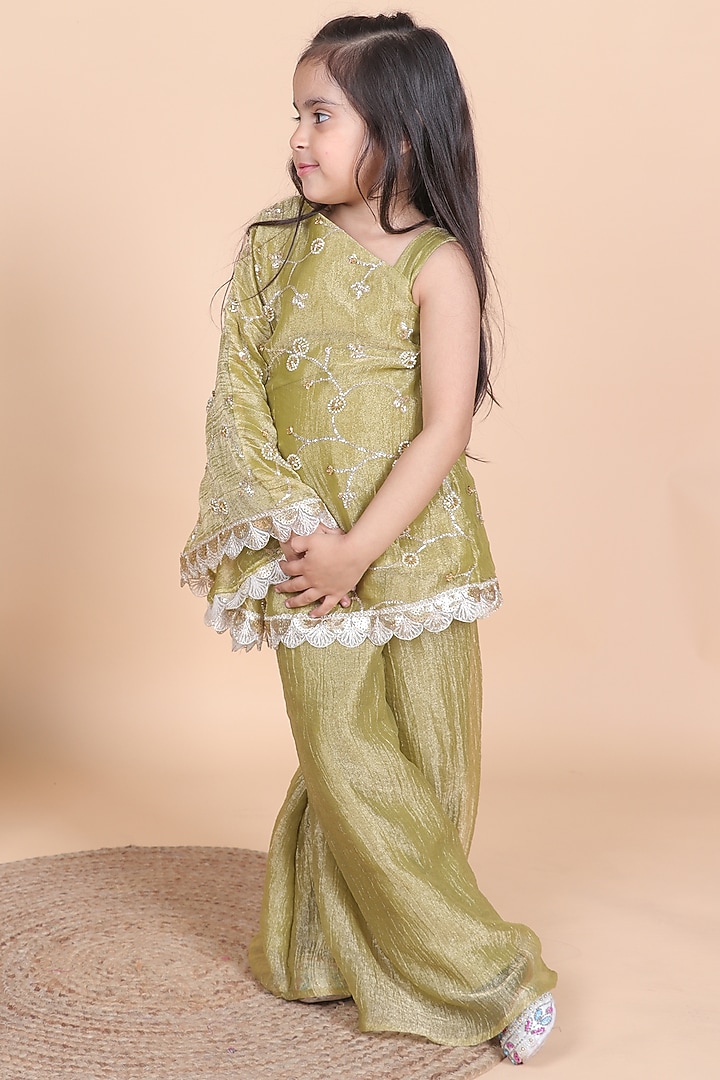 Mehendi Green Salsa Embroidered Kurta Set For Girls by Little Blessings at Pernia's Pop Up Shop