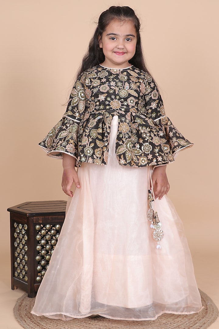 Peach Tissue Lehenga Set For Girls by Little Blessings at Pernia's Pop Up Shop