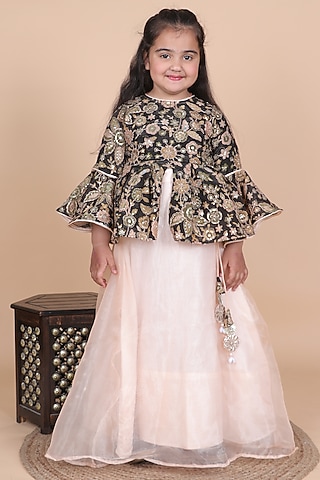 Peach Tissue Lehenga Set For Girls by Little Blessings